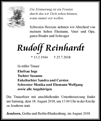 Traueranzeige von Rudolf Reinhardt von Südthüringer Presse
