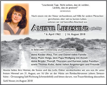 Traueranzeige von Anette Liebeskind von Südthüringer Presse