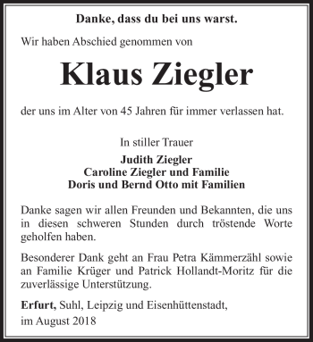 Traueranzeige von Klaus Ziegler von Südthüringer Presse