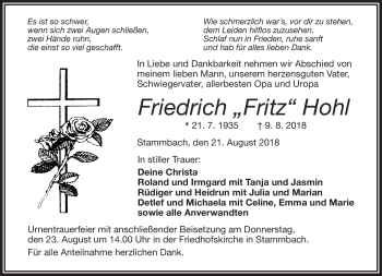 Traueranzeige von Friedrich Hohl von Frankenpost