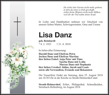 Traueranzeige von Lisa Danz von Südthüringer Presse
