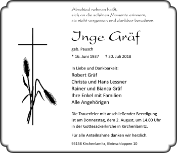 Traueranzeige von Inge Gräf von Frankenpost