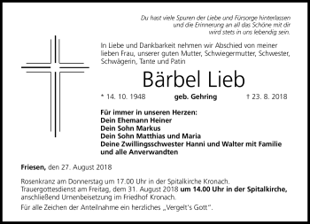 Traueranzeige von Bärbel Lieb von Neue Presse Coburg