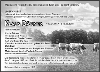 Traueranzeige von Klaus Dänner von Südthüringer Presse