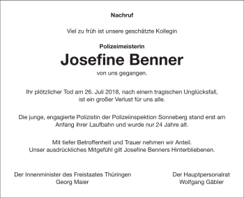 Traueranzeige von Josefine Benner von Südthüringer Presse