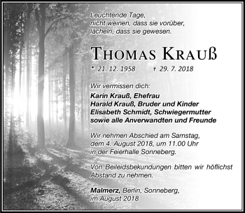 Traueranzeige von Thomas Krauß von Südthüringer Presse