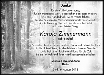 Traueranzeige von Karola Zimmermann von Südthüringer Presse