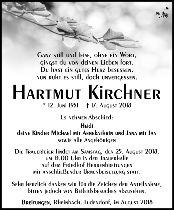 Traueranzeige von Hartmut Kirchner von Südthüringer Presse