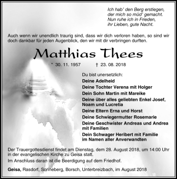 Traueranzeige von Matthias Thees von Südthüringer Presse