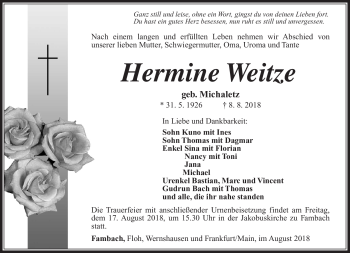 Traueranzeige von Hermine Weitze von Südthüringer Presse