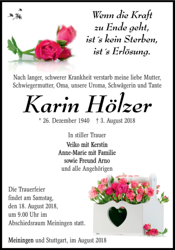 Traueranzeige von Karin-Anita Hölzer von Südthüringer Presse