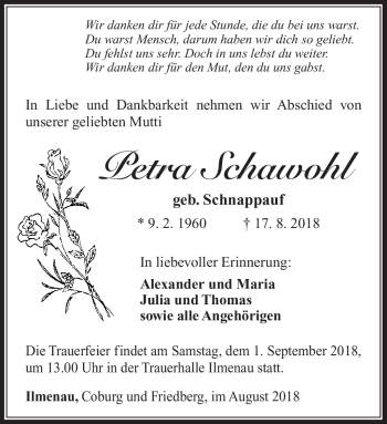 Traueranzeige von Petra Schawohl von Südthüringer Presse