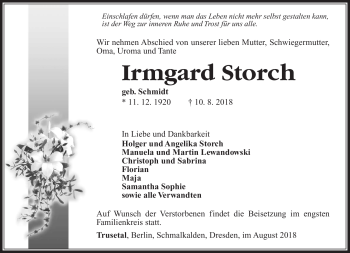 Traueranzeige von Irmgard Storch von Südthüringer Presse