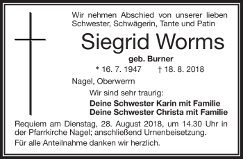 Traueranzeige von Siegrid Worms von Frankenpost