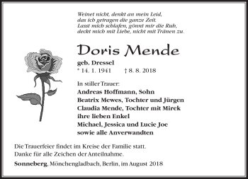 Traueranzeige von Doris Mende von Südthüringer Presse