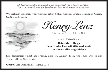 Traueranzeige von Henry Lenz von Südthüringer Presse