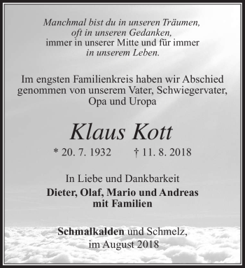 Traueranzeige von Klaus Kott von Südthüringer Presse