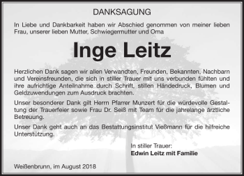 Traueranzeige von Inge Leitz von Neue Presse Coburg