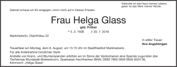 Traueranzeige von Helga Glass von Frankenpost