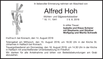 Traueranzeige von Alfred Hoh von Neue Presse Coburg