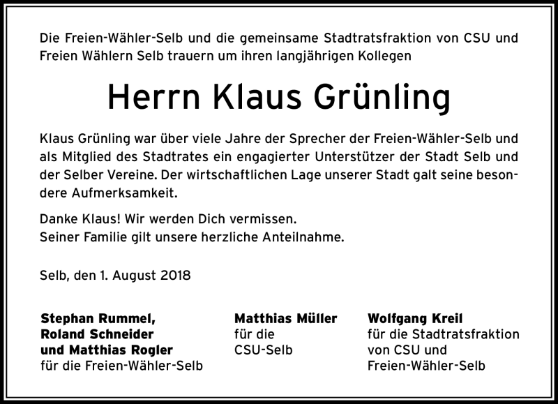  Traueranzeige für Klaus Grünling vom 01.08.2018 aus Frankenpost