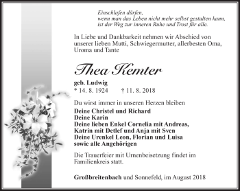 Traueranzeige von Thea Kemter von Südthüringer Presse