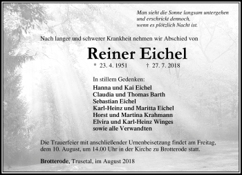 Traueranzeige von Reiner Eichel von Südthüringer Presse