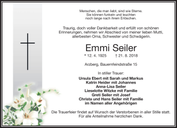 Traueranzeige von Emmi Seiler von Frankenpost