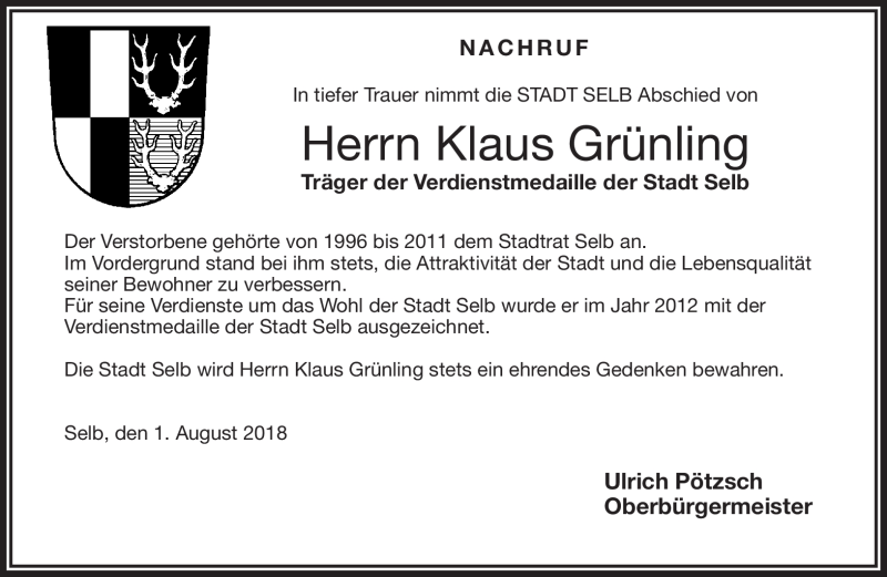  Traueranzeige für Klaus Grünling vom 01.08.2018 aus Frankenpost