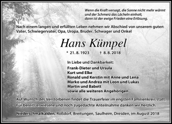 Traueranzeige von Hans Kümpel von Südthüringer Presse