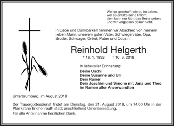 Traueranzeige von Reinhold Helgerth von Frankenpost
