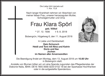 Traueranzeige von Klara Spörl von Frankenpost