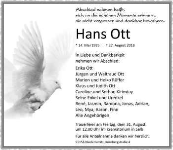 Traueranzeige von Hans Ott von Frankenpost