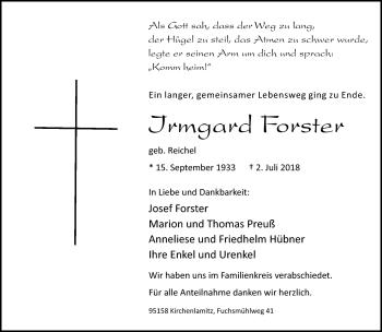 Traueranzeige von Irmgard Forster von Frankenpost