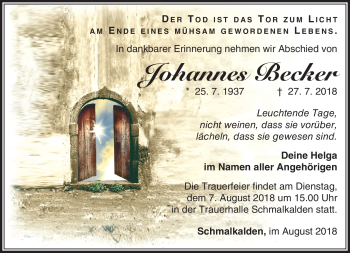 Traueranzeige von Johannes Becker von Südthüringer Presse