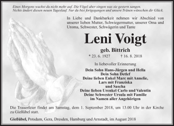 Traueranzeige von Leni Voigt von Südthüringer Presse