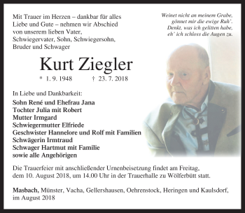 Traueranzeige von Kurt Ziegler von Südthüringer Presse