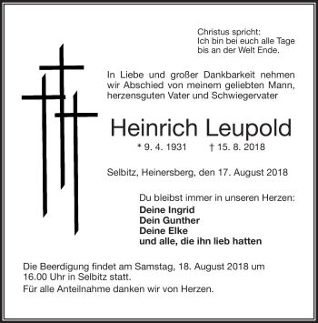 Traueranzeige von Heinrich Leupold von Frankenpost