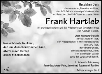 Traueranzeige von Frank Hartleb von Südthüringer Presse