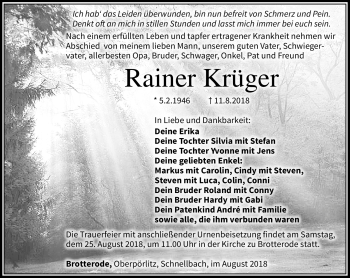Traueranzeige von Rainer Krüger von Südthüringer Presse