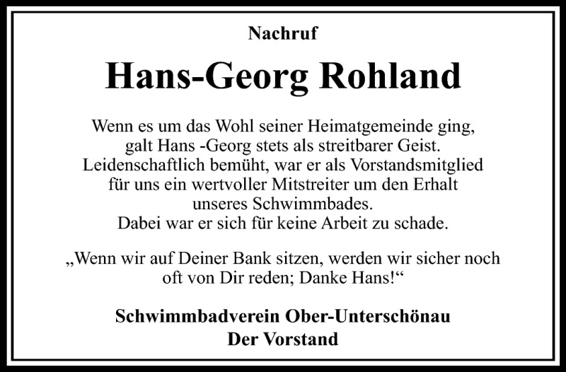  Traueranzeige für Hans-Georg Rohland vom 17.08.2018 aus Südthüringer Presse