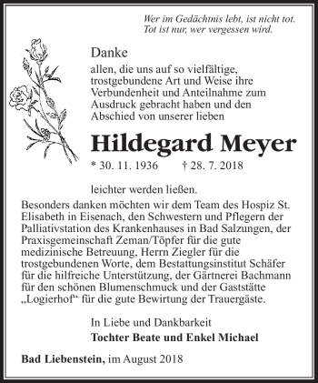 Traueranzeige von Hildegard Meyer von Südthüringer Presse