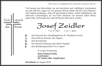 Traueranzeige von Josef Zeidler von Südthüringer Presse