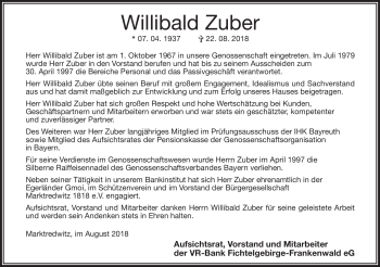 Traueranzeige von Willibald Zuber von Frankenpost