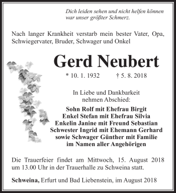 Traueranzeige von Gerd Neubert von Südthüringer Presse
