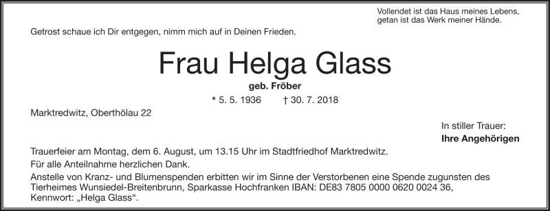  Traueranzeige für Helga Glass vom 03.08.2018 aus Frankenpost