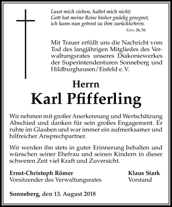 Traueranzeige von Karl Pfifferling von Südthüringer Presse