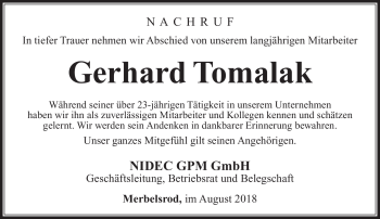 Traueranzeige von Gerhard Tomalak von Südthüringer Presse