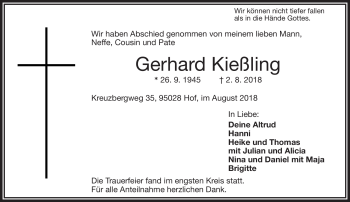 Traueranzeige von Gerhard Kießling von Frankenpost