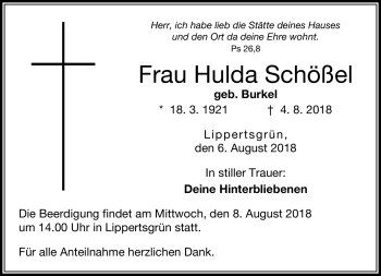 Traueranzeige von Hulda Schößel von Frankenpost